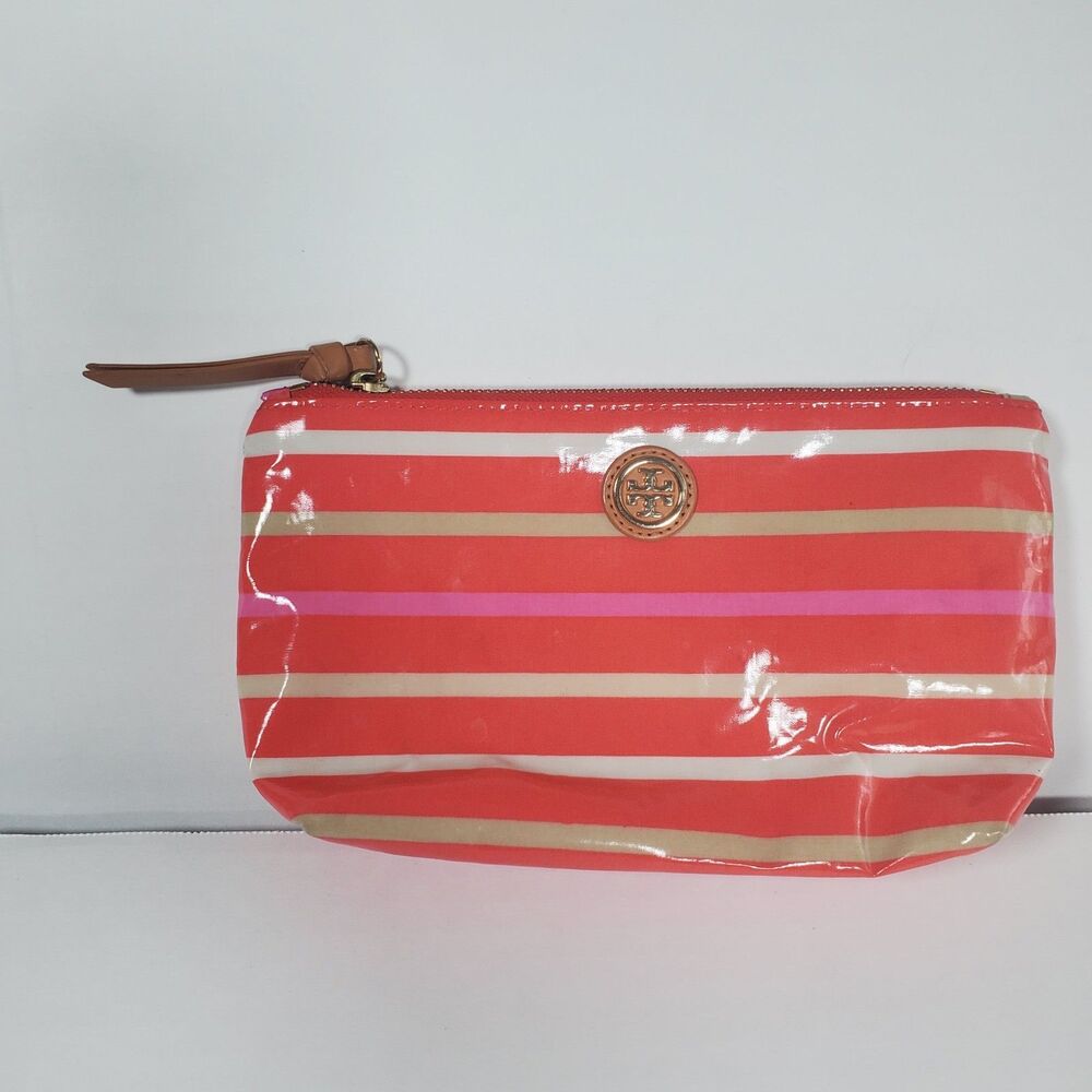 Tory Burch Women’s Cosmetic Bag Poppy Red Striped Brigitte Case Zip Log 5x9.25" - Picture 12 of 12